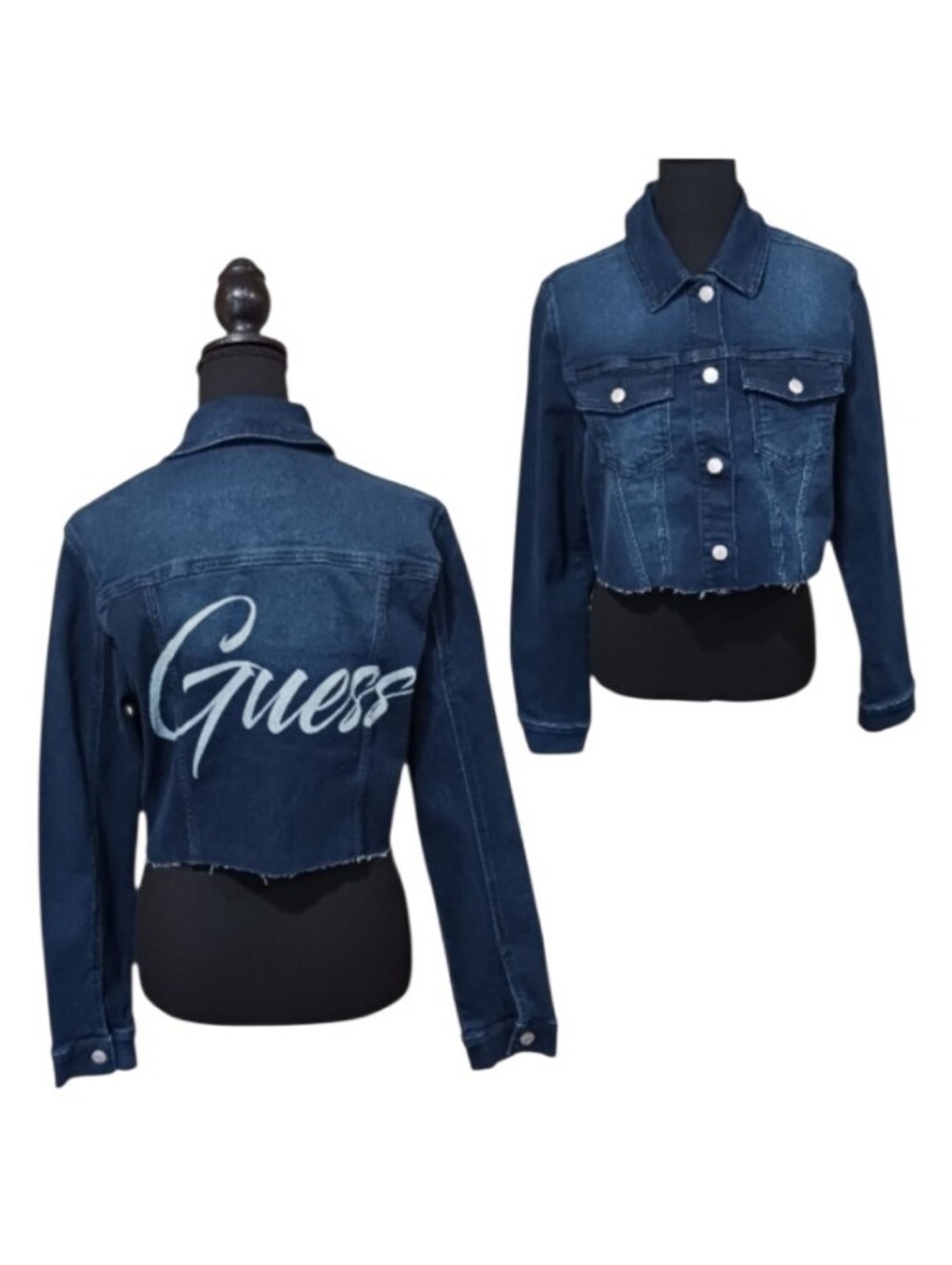 Guess Martha Cropped Denim Jacket Retro Script Logo Raw Hem